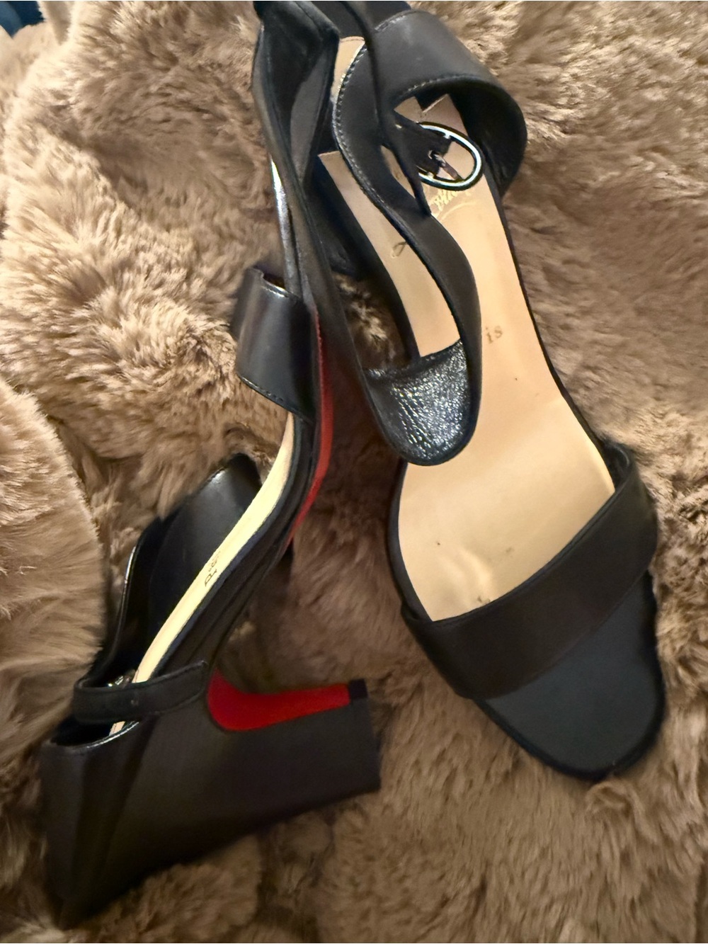 Christian Louboutin Black Open-Toe Slingback Wedge Sandals with Red Sole